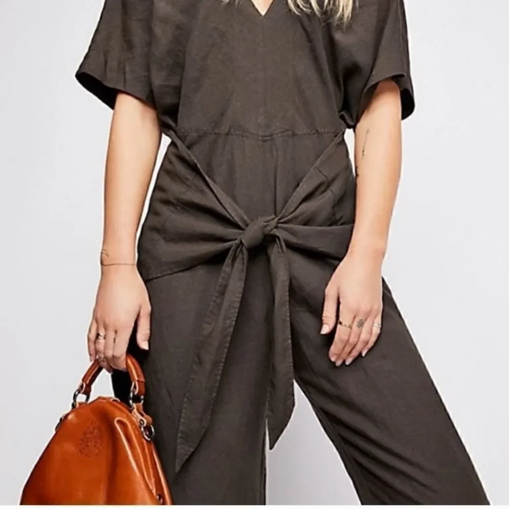 Free People Sherbet Linen Blend Front Tie Jumpsuit Romper Size M